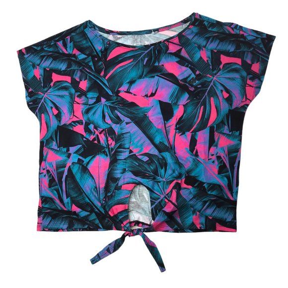 New NWT 4F Crop Top Shirt, Blue Pink Tropical Print Women's M, Floral, Hawaiian - Picture 2 of 12